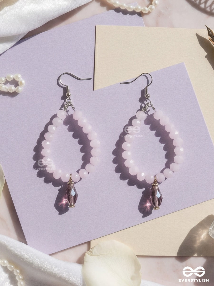 Dusty Rose – Teardrop Beaded Earrings With Soft Pink Faceted Beads And Smoky Crystal Drop