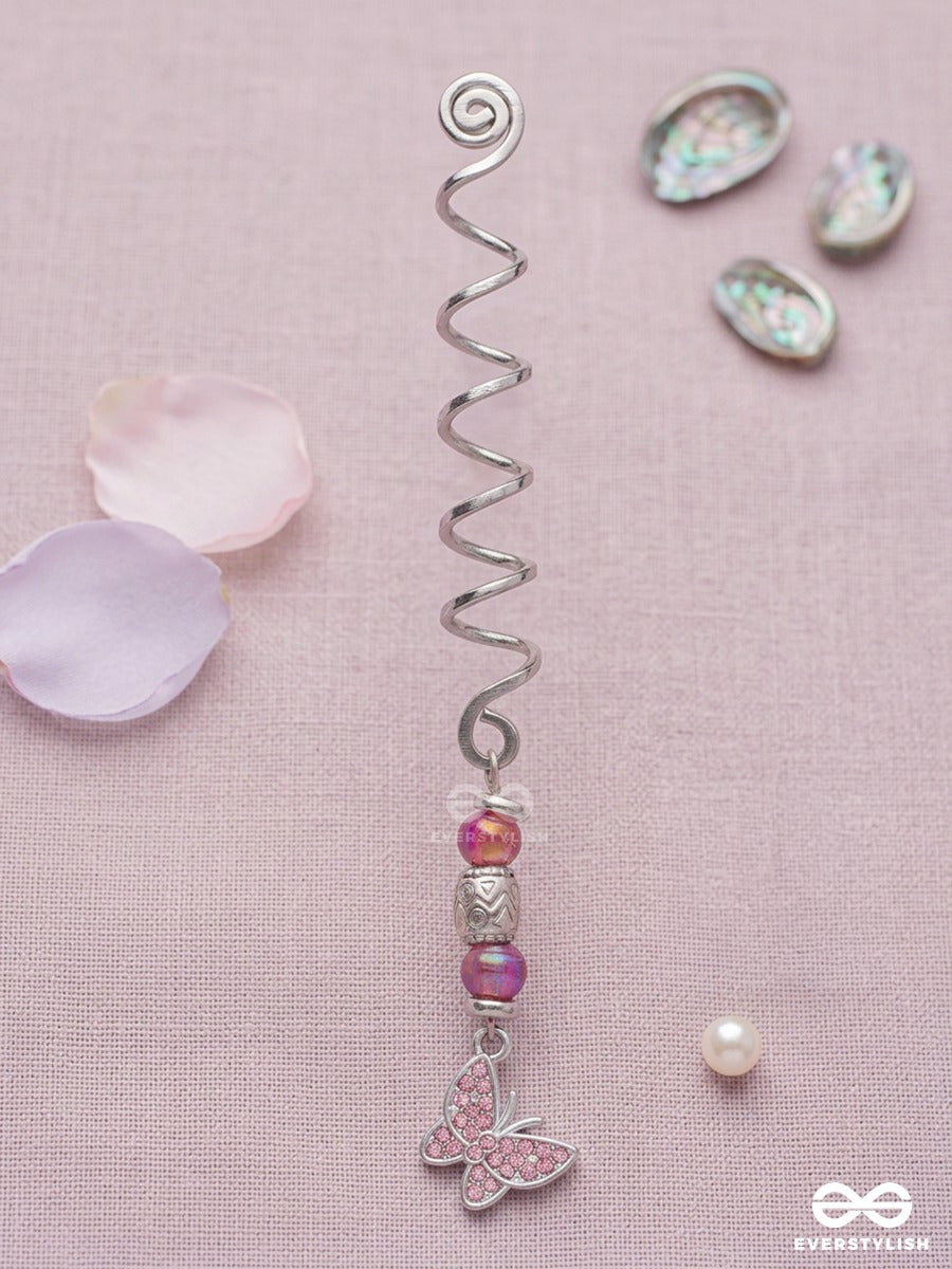 Rosewing – Silver Spiral Braidlet With Pink Beads And Butterfly Charm