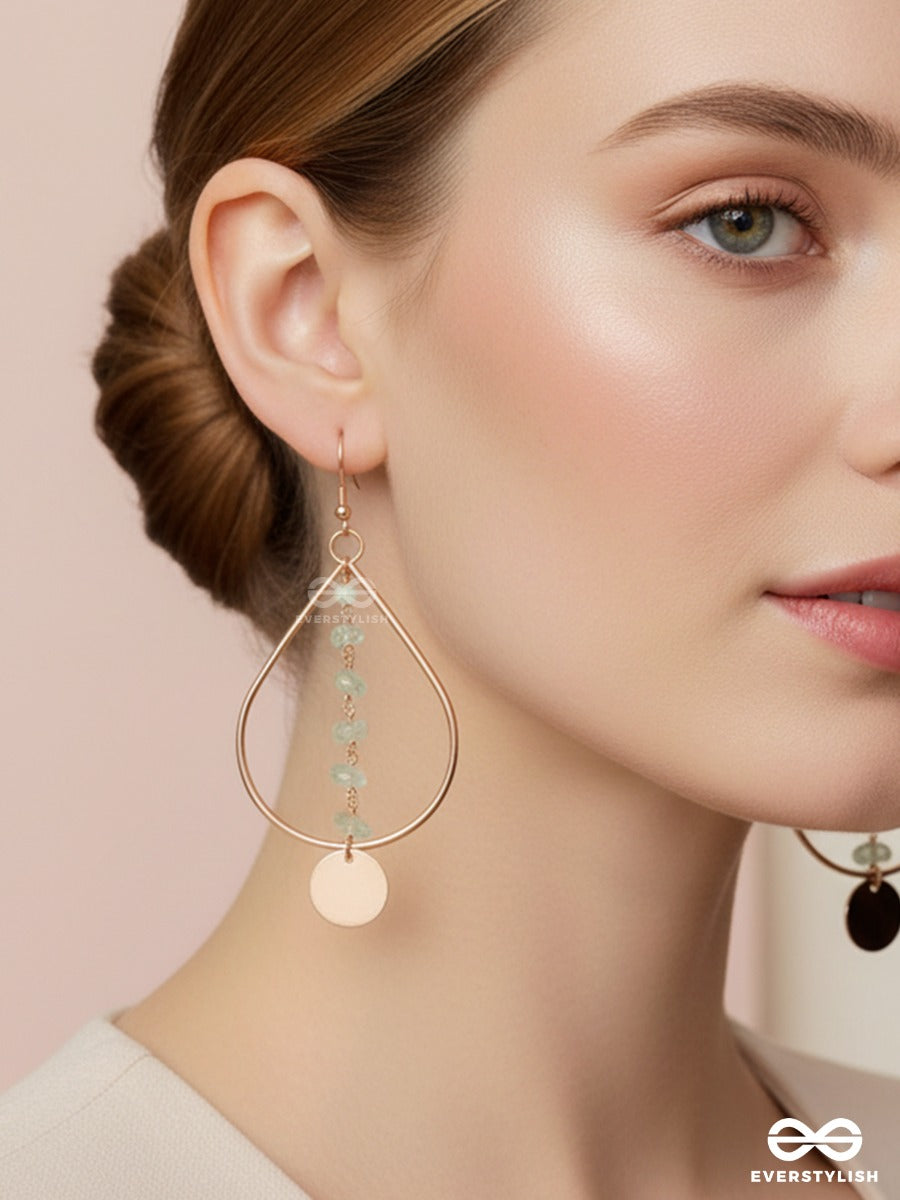 Ocean Medallion – Gold Teardrop Earrings With Sea Glass Beads And Aqua Crystals