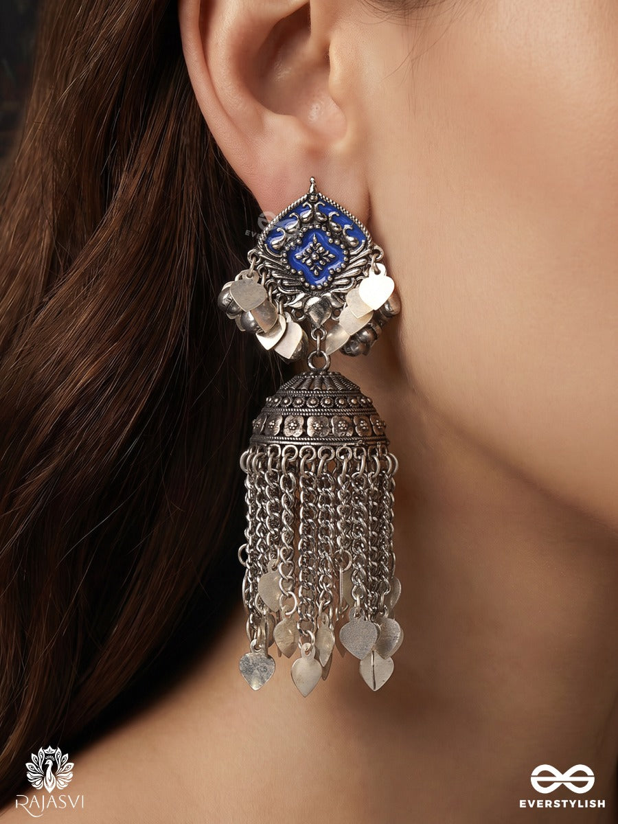 Jhanjhari – Oxidised Jhumka Earrings With Blue Enamel And Silver-Tone Chain Fringes