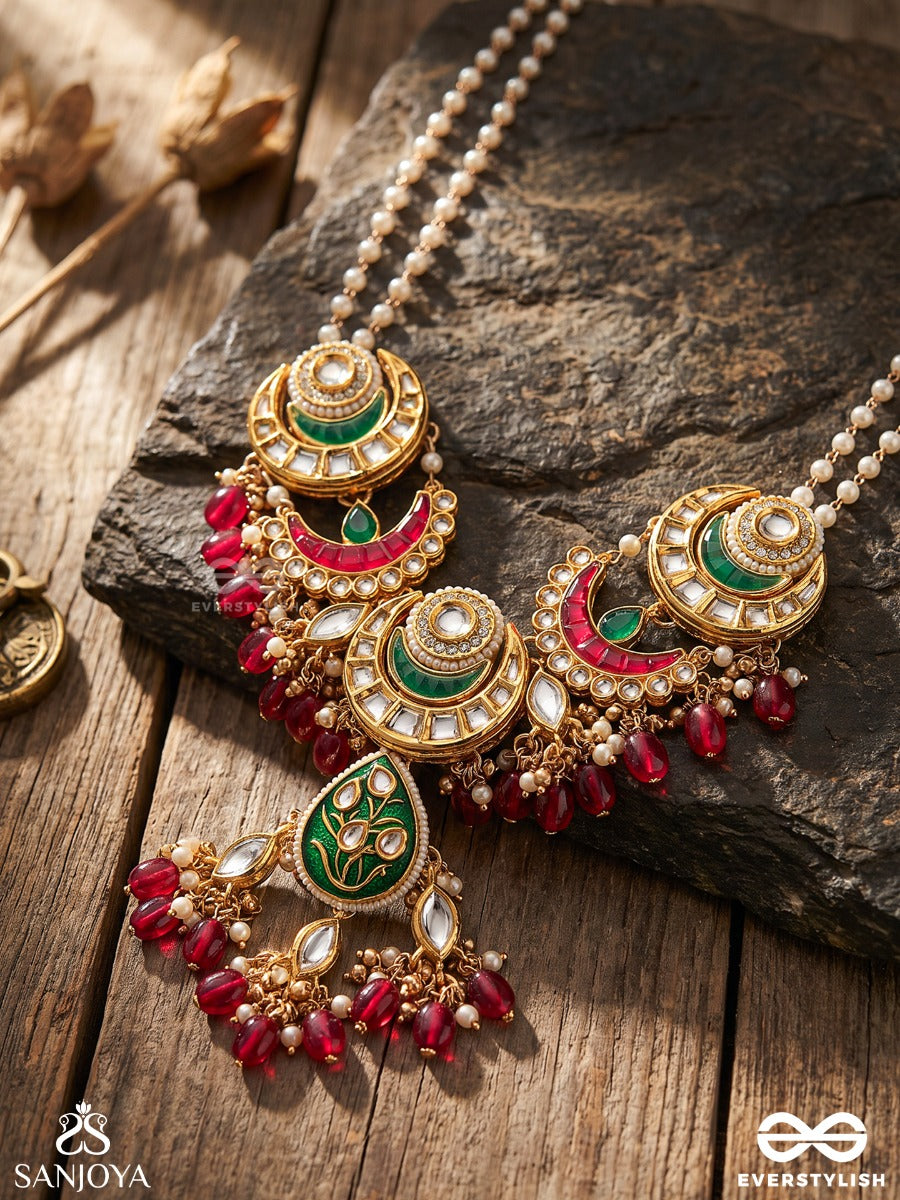 Sindurya - Scarlet Rays- Grand Crescent Enamel Kundan Necklace With Pearls And Beads