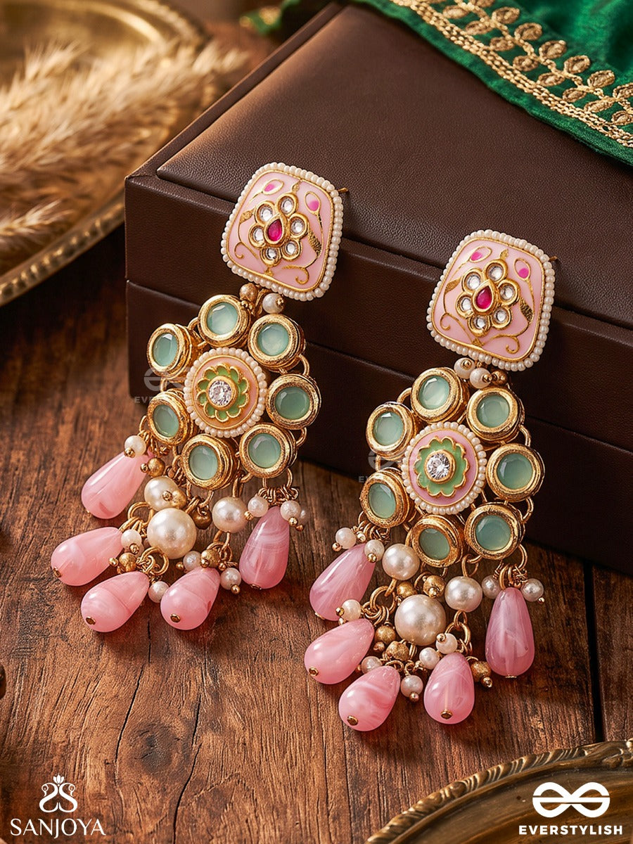 Pankhuri – Flower Petal – Heritage Earrings With Floral Meenakari Motifs, Mint Enamel Settings, Lustrous Pearl Clusters And Blush Pink Teardrop Danglers