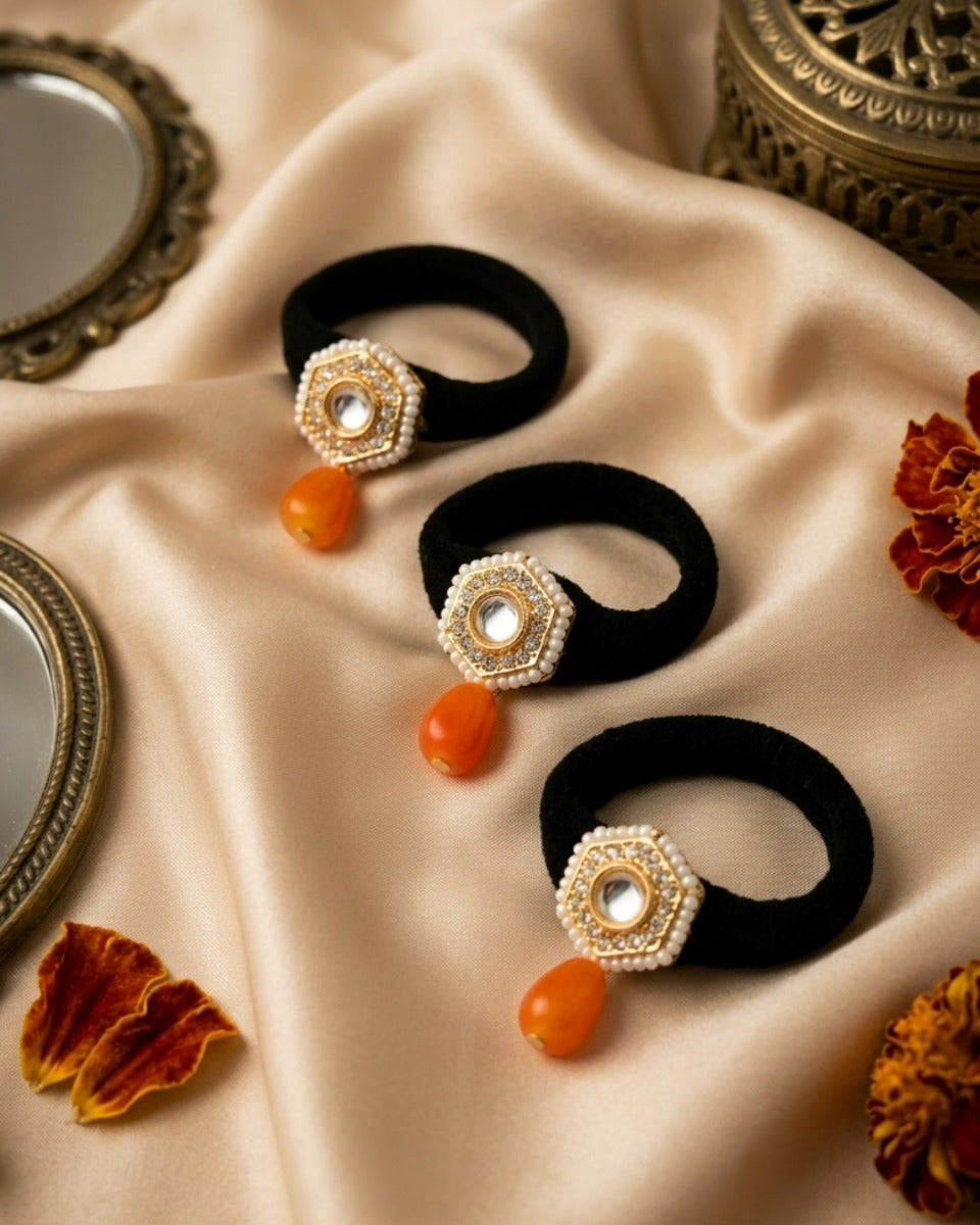 Konika - Little Corner Of Light - Pack Of 3 Hair Accessories With Round Mirror Motifs, Pearl Edging, Golden Details And Orange Bead Drops