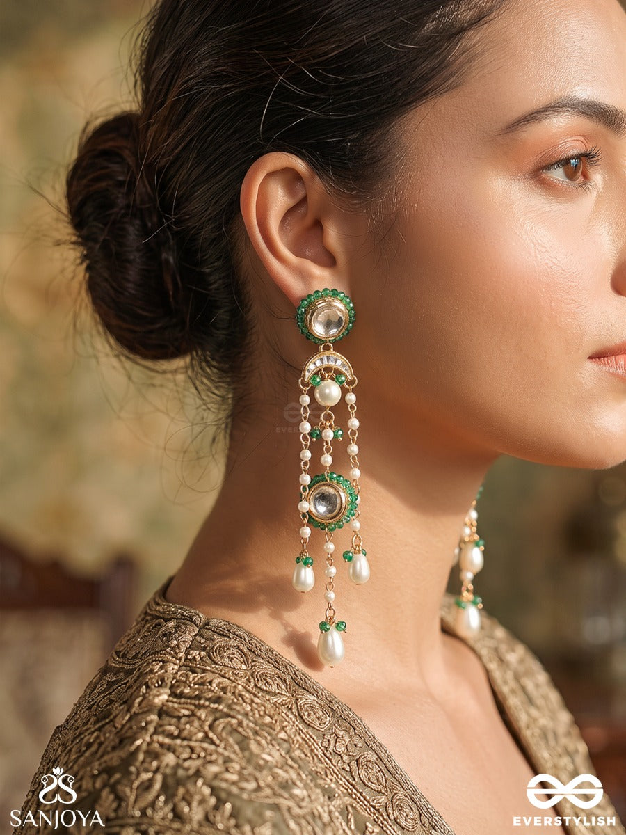 Phiroza – Precious Gem – Long Earrings With Green Gem Borders, Circular Kundan Motifs, Pearl Chains And Cascading Drops
