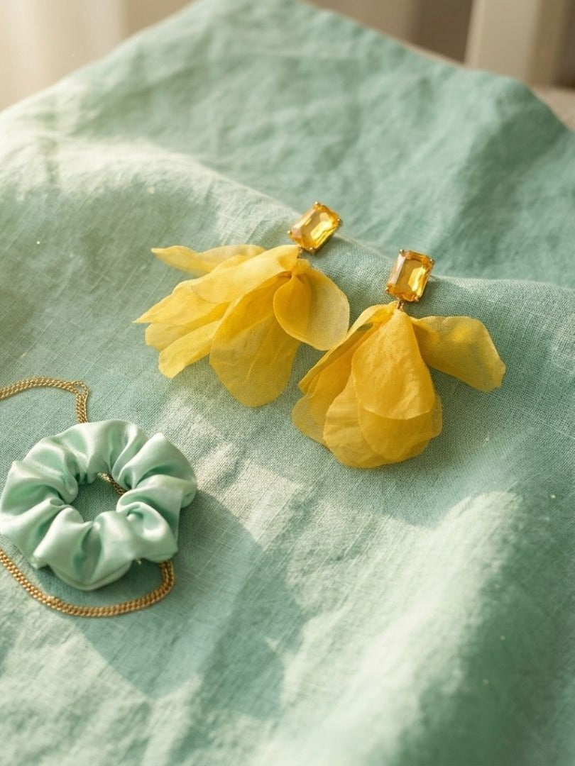Sunny Flutter - Yellow Organza Petal Drop Earrings