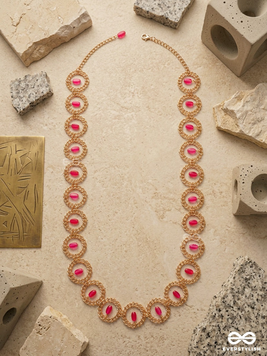 Rose Mahal – Pink Enamel Floral Waist Chain With Pearl Details And Gold Framework