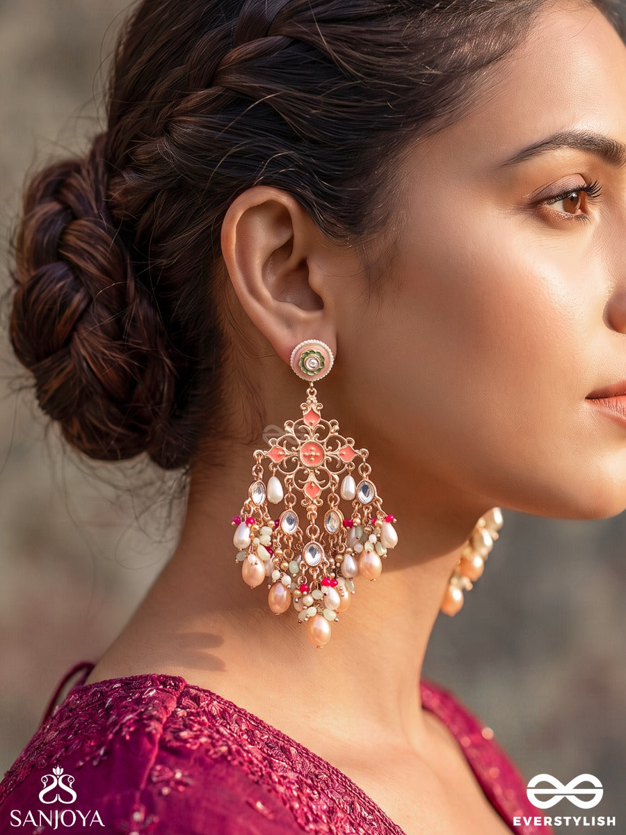 Ahladini – Full Of Joy – Heritage Earrings With Peach Enamel Motifs, Cascading Pearls, Colourful Bead Clusters And Soft Peach Drops