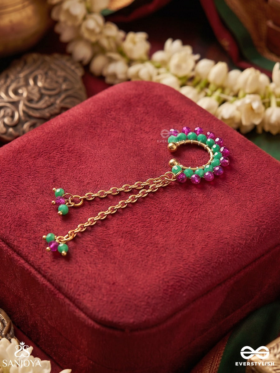 Manikarna – Jewelled Ear – Festive Single Earcuff With Pink-Green Bead Curve, Gold-Tone Chain Drops And Delicate Bead Cluster Ends