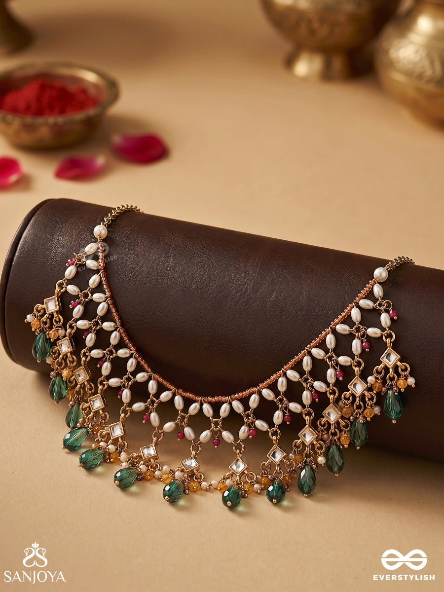 Vrindamala – Garland Of Divine Blooms – Heritage Choker With Mother-Of-Pearl Floral Lattice, Emerald Drops And Pink Gem Accents