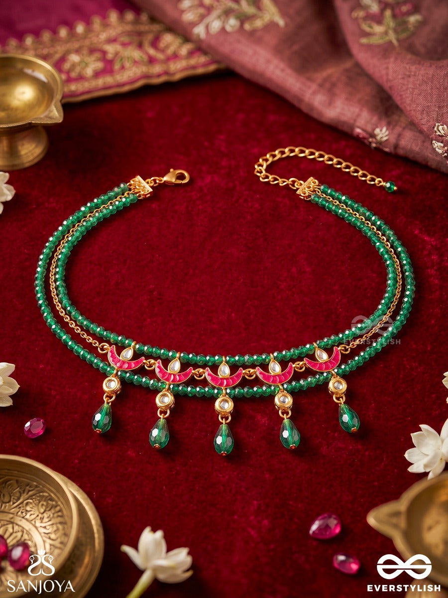 Vainateya – Celestial Majesty – Double-Strand Choker With Emerald Beadwork, Enamel Crescent Motifs And Dangling Green Drops