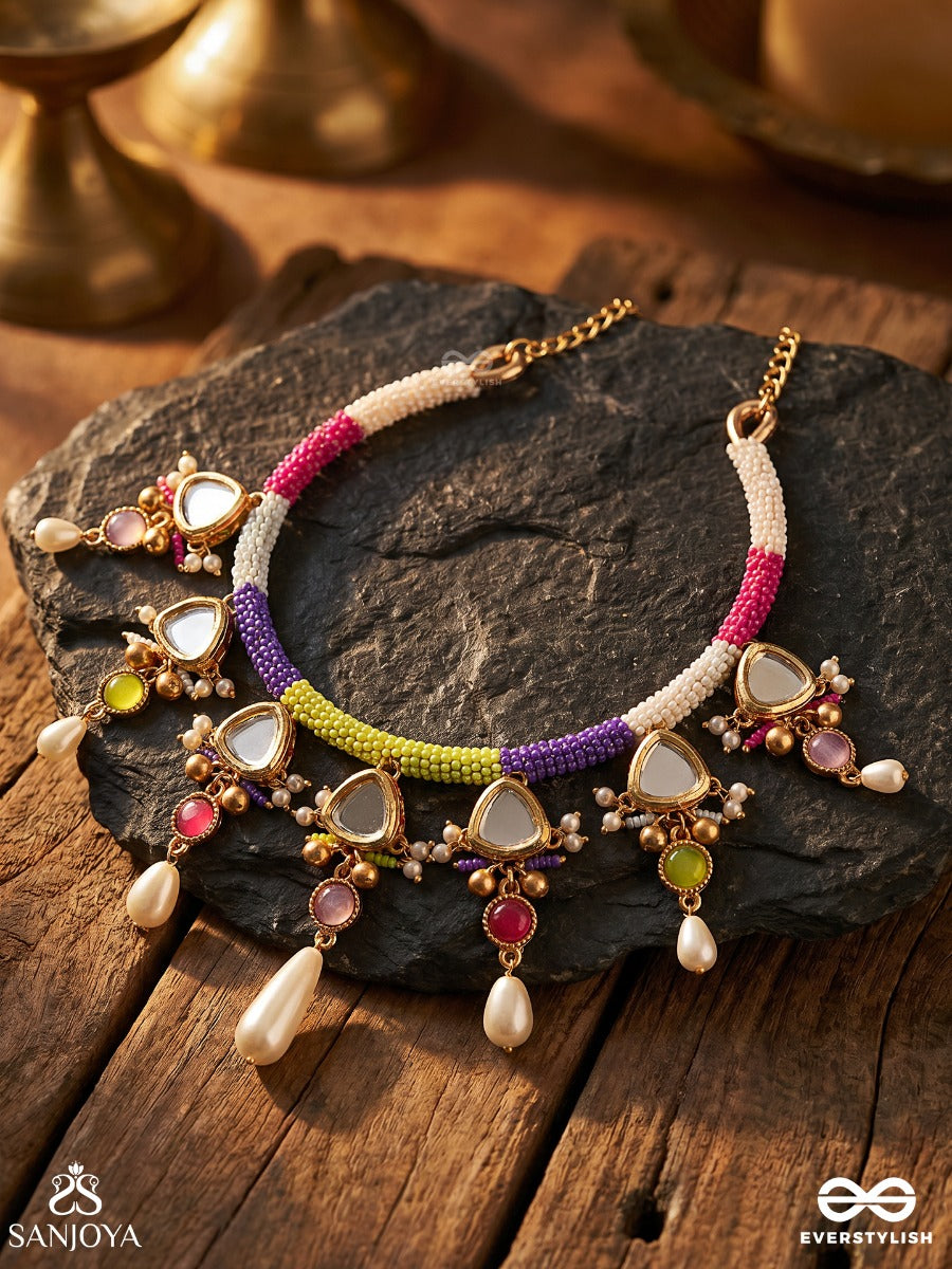 Ranghasli – Coloured Collar – Ornate Hasli Necklace With Multi-Thread Wrapped Base, Kundan-Like Triangle Motifs, Pearl Drops And Colourful Bead Accents