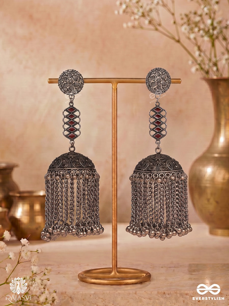 Shilpaakar – Oxidised Filigree Dome Earrings With Chain Tassels And Maroon Stone Detail