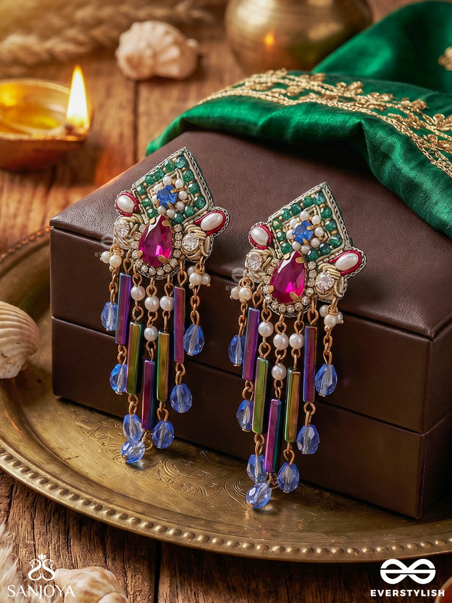 Aarnika – Radiant Bloom – Statement Earrings With Meenakari Motifs, Kundan Details And Blue Crystal Tassels