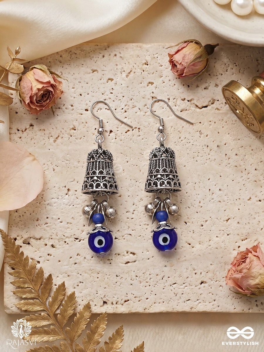Surakshini – Mini Oxidised Jhumka Earrings With Blue Nazar Beads And Crystal Drops