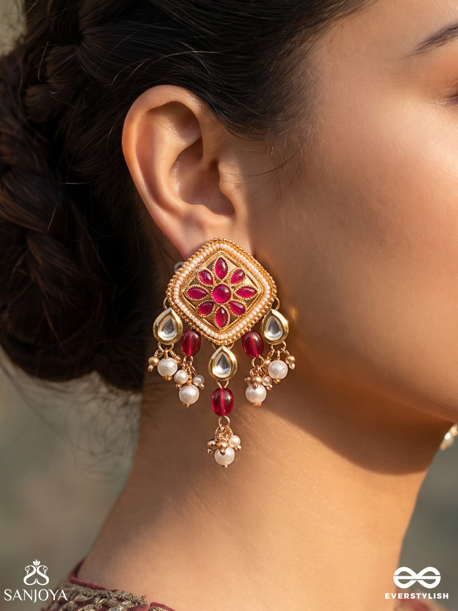 Kaushiki – Goddess Durga – Ornate Earrings With Pink Floral Kundan Motifs, Pearl Clusters And Ruby-Toned Drops
