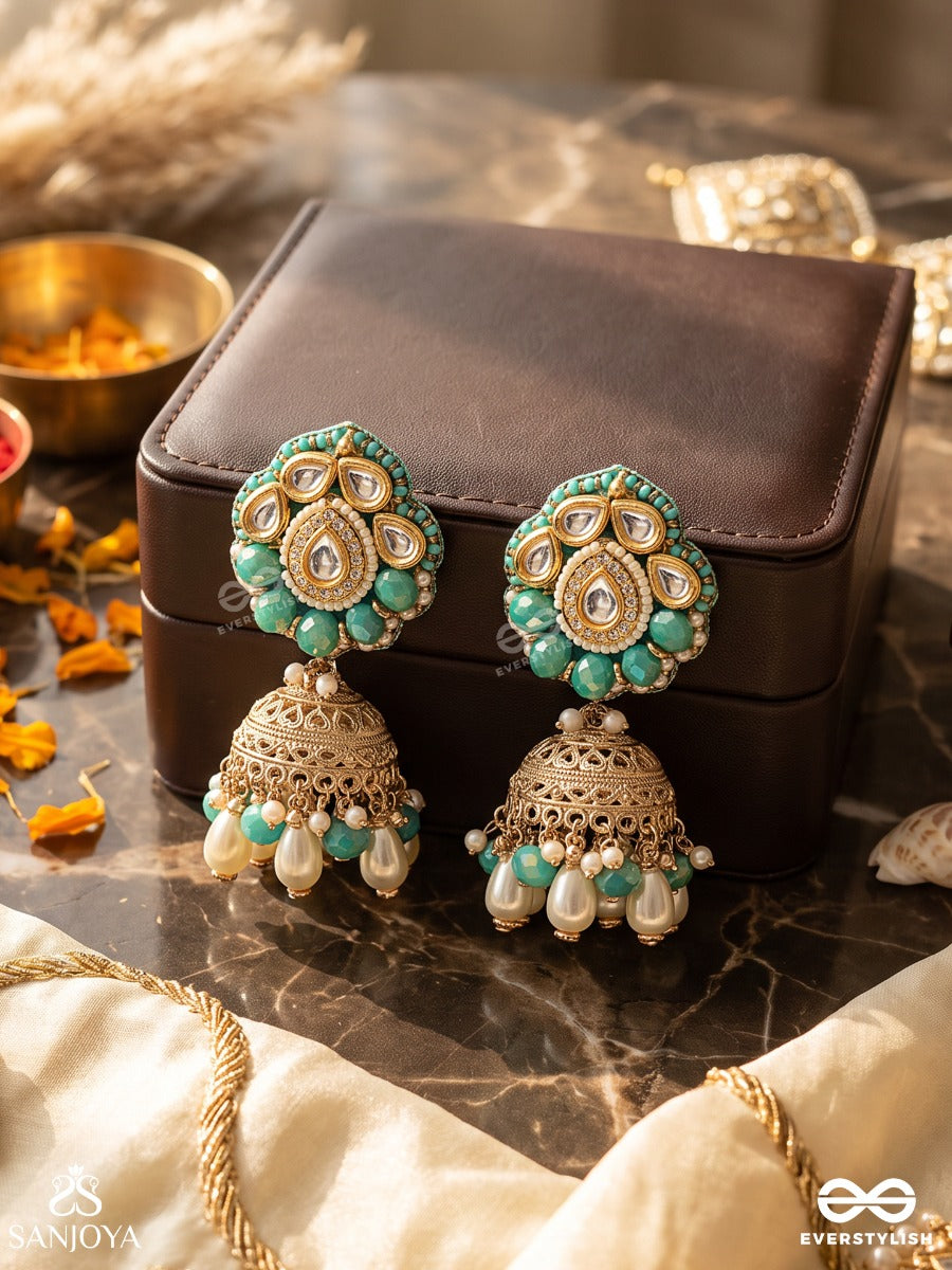 Spharika- Crystal Radiance-Jhumka Earrings Adorned With Diamond Shaped Stones,Beads And Pearls Of Golden, White And Turquoise Accents