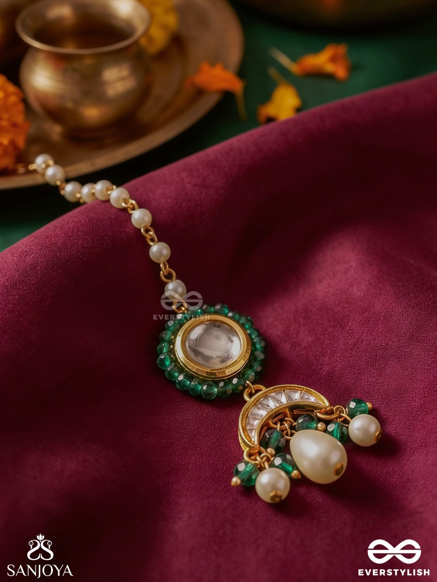 Bhavamrita – Divine Nectar – Heritage Maangtika With Mirror Kundan Centre, Emerald Enamel, Pearl Accents And Crescent Motifs