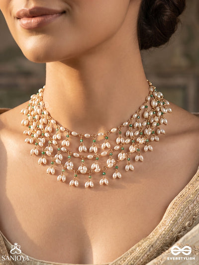 Nooran – Filled With Light – Ornate Multi-Purpose 3-In-1 Layered Chain With Cascading Pearl Clusters, Aqua Beads And Delicate Golden Links