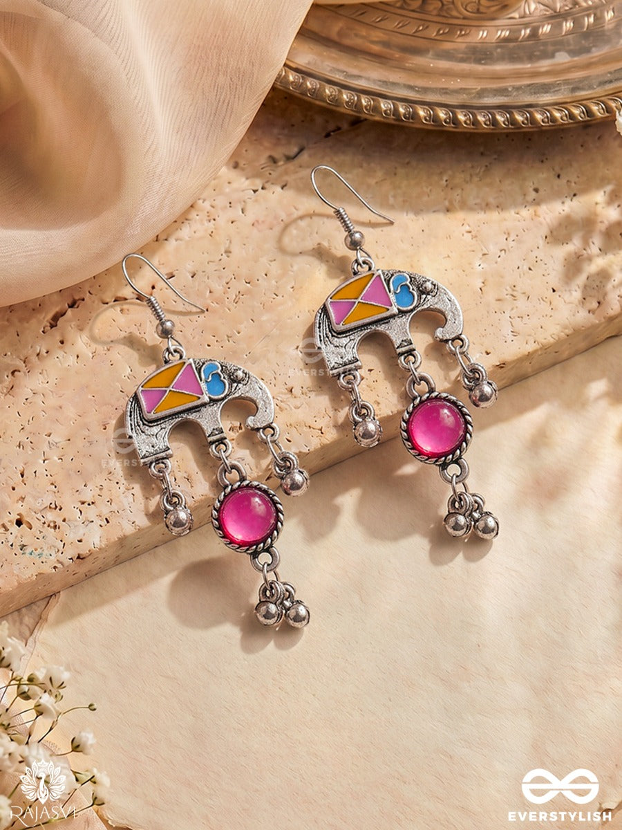 Rangdooti – Oxidised Enamel Earrings With Multicolour Mosaic Motifs, Magenta Stones And Ghungroo Drops