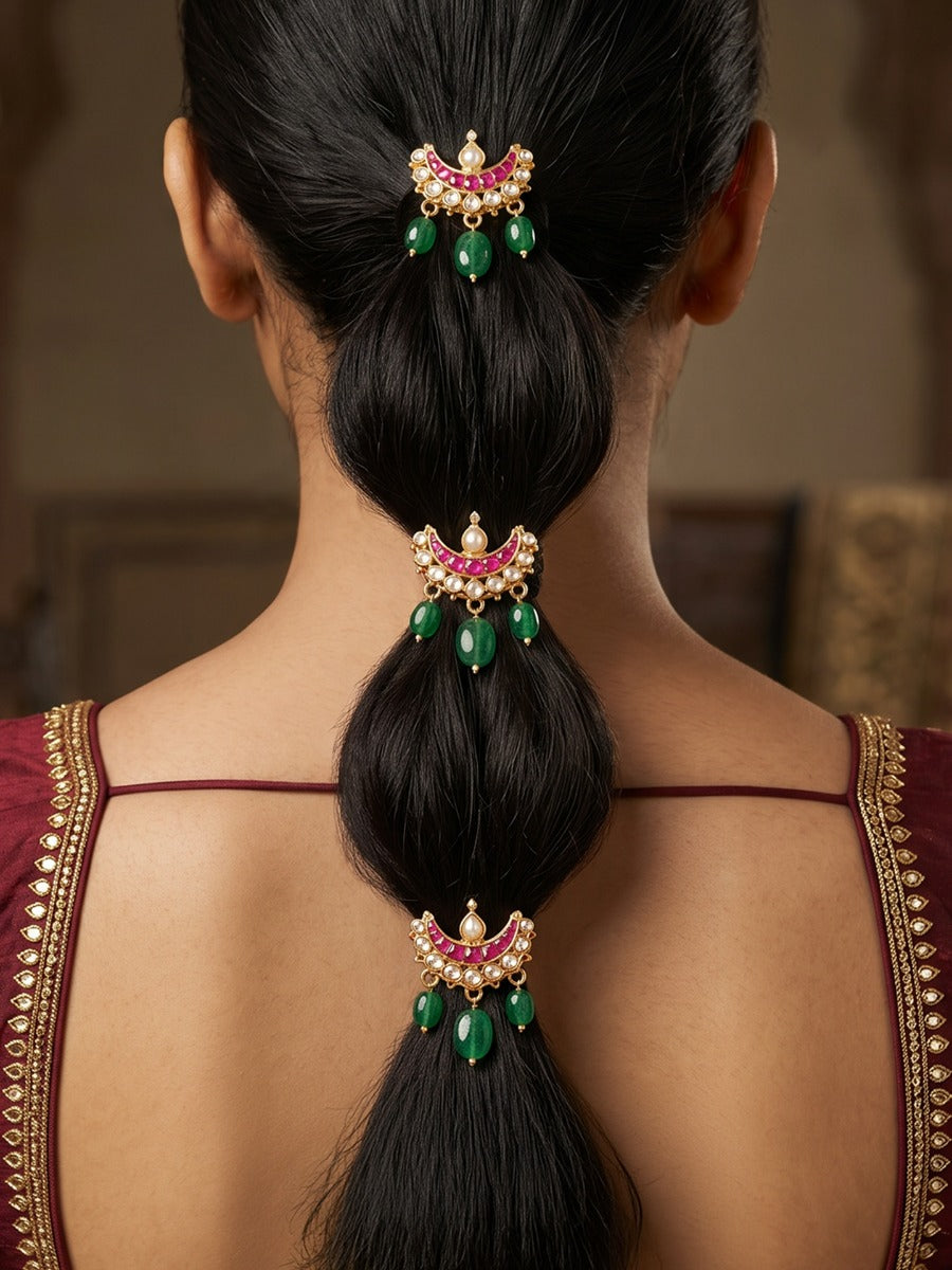 Chaandri - Crescent Charm - Pack Of 3 Hair Accessories With Pink Enamel Crescent Motifs, Kundan-Style Stones, Pearl Details And Green Bead Drops