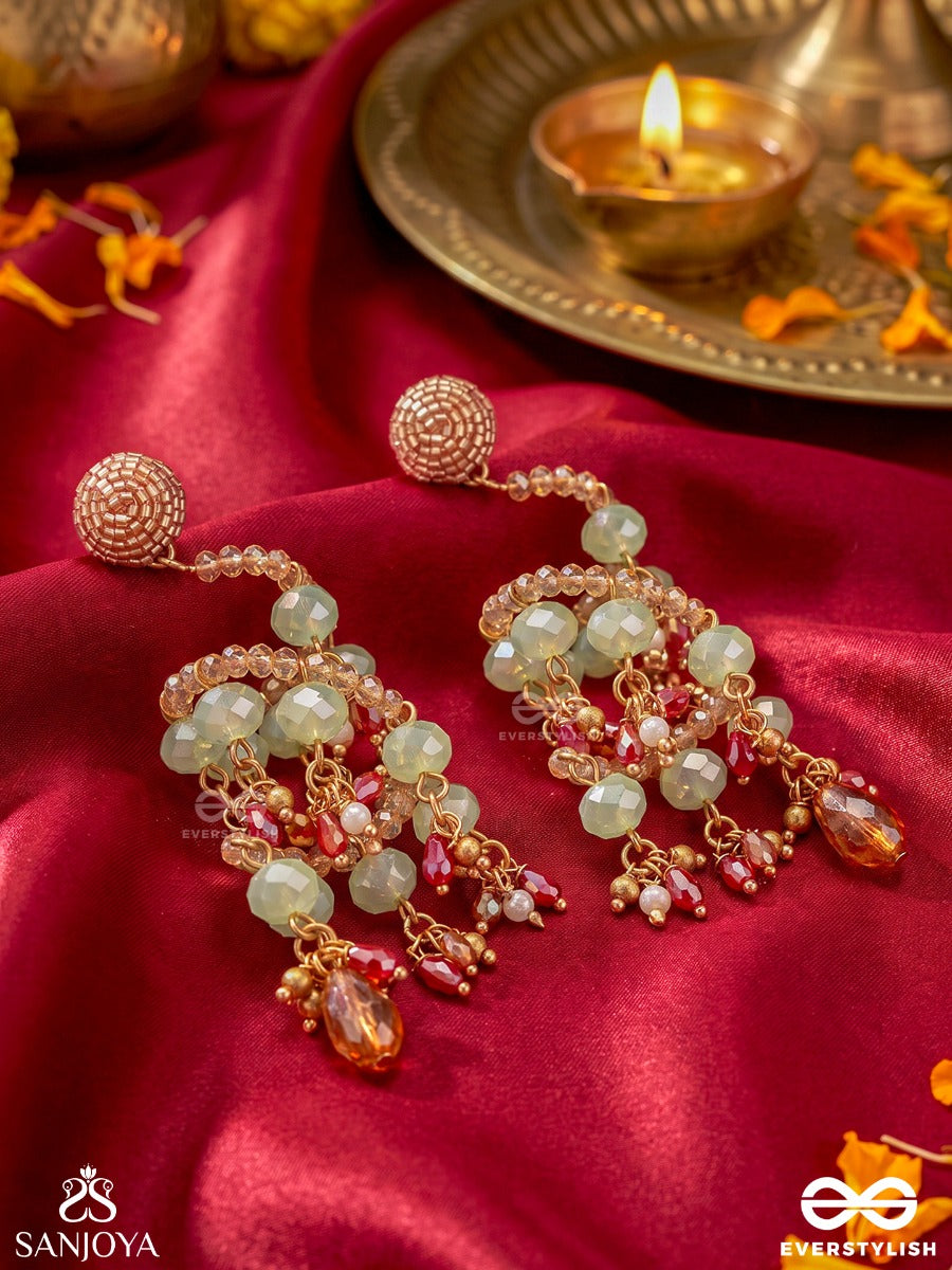 Vrishika – Scorpion Constellation – Sculptural Earrings With Spiral Pearl Strands, Green Gem Accents And Peach Crystal Drops