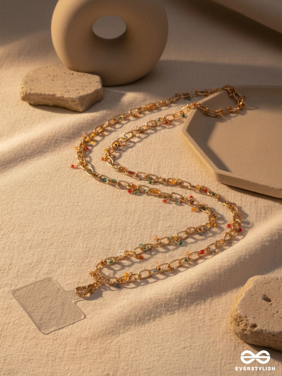 Sprinkle Line – Gold-Tone Phone Sling With Colourful Bead Drops