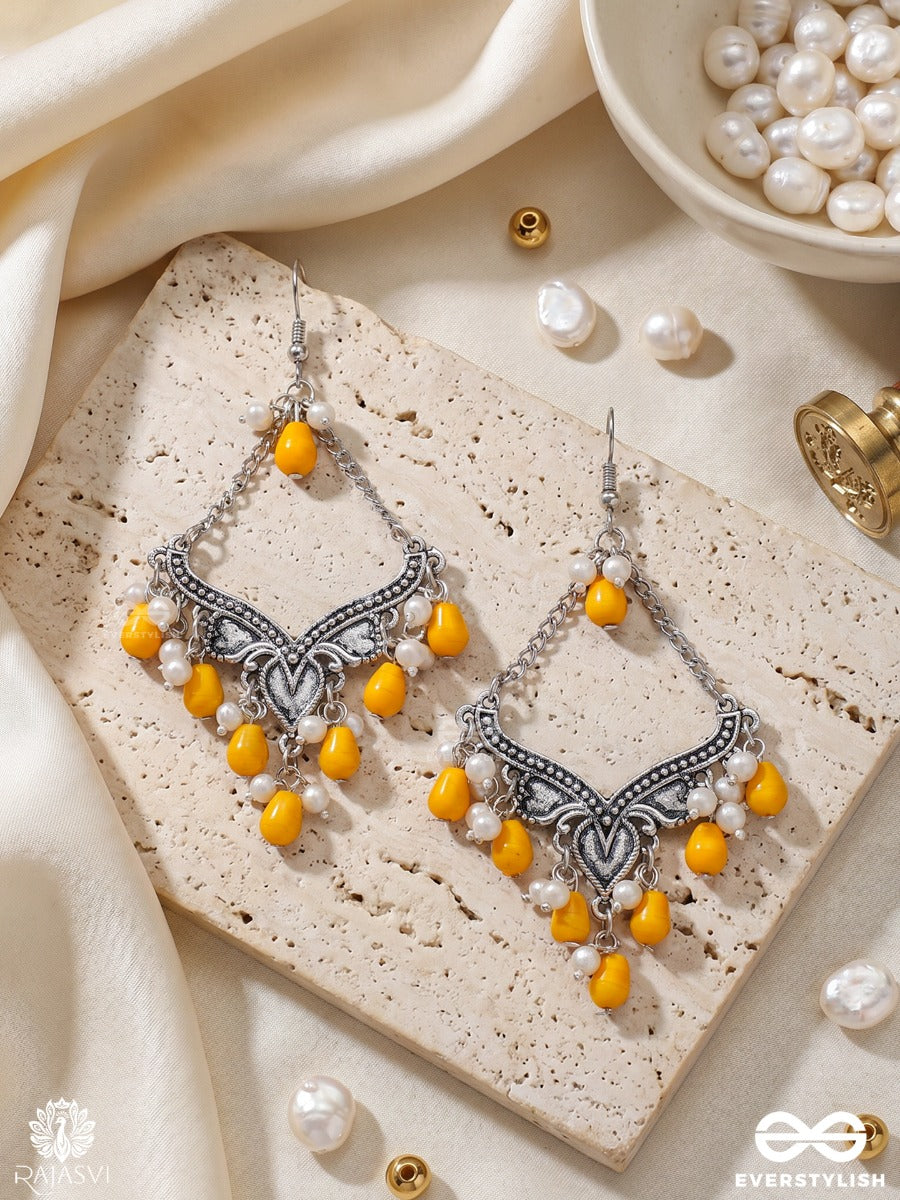 Sonaparni – Oxidised Chandelier Earrings With Mustard Bead Drops And Pearl Accents