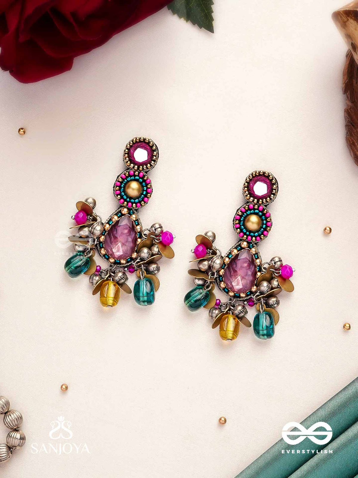 Vashikrit - The Hypnotic Tiers - Mirror, Stones, Coins And Glass Drops Hand Embroidered Oxidised Earrings