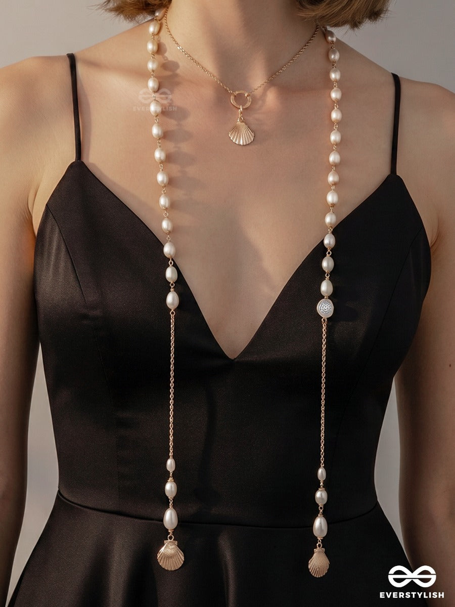 Shellscape – Multiway Chain With Golden Shell Charms And Freshwater Pearls That Can Be Styled As Necklace; Scarf-Style Necklace; Waist Chain; Knot Necklace