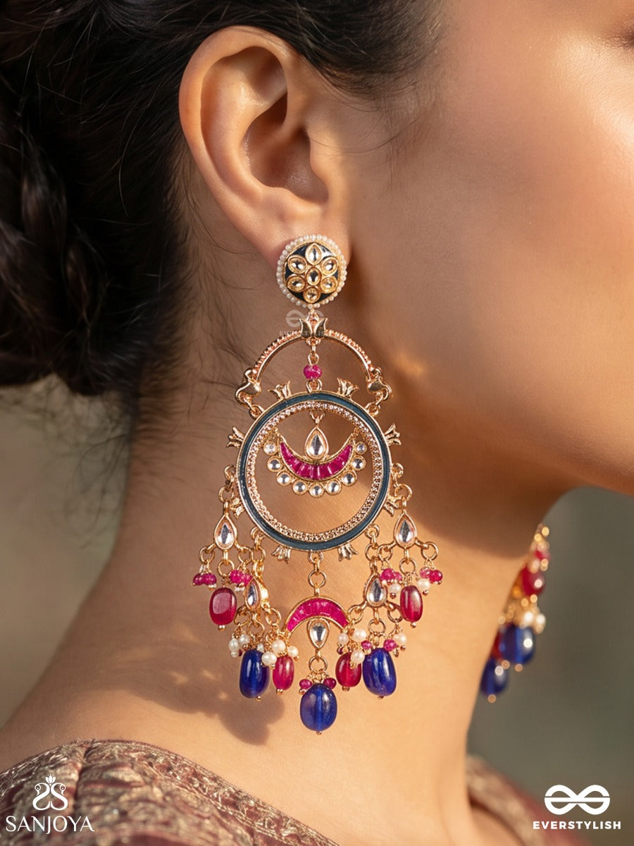 Priyamvada – Sweet-Spoken – Ornate Earrings With Circular Meenakari Frame, Pearl Accents And Cobalt Drop Beads