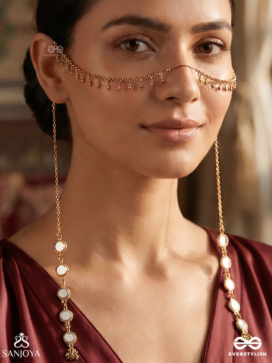 Rooprekha – Trace Of Beauty – Ornate Face Let With Gold-Tone Chain Drapes, Mirror-Like Side Motifs And Delicate Dangling Bead Details