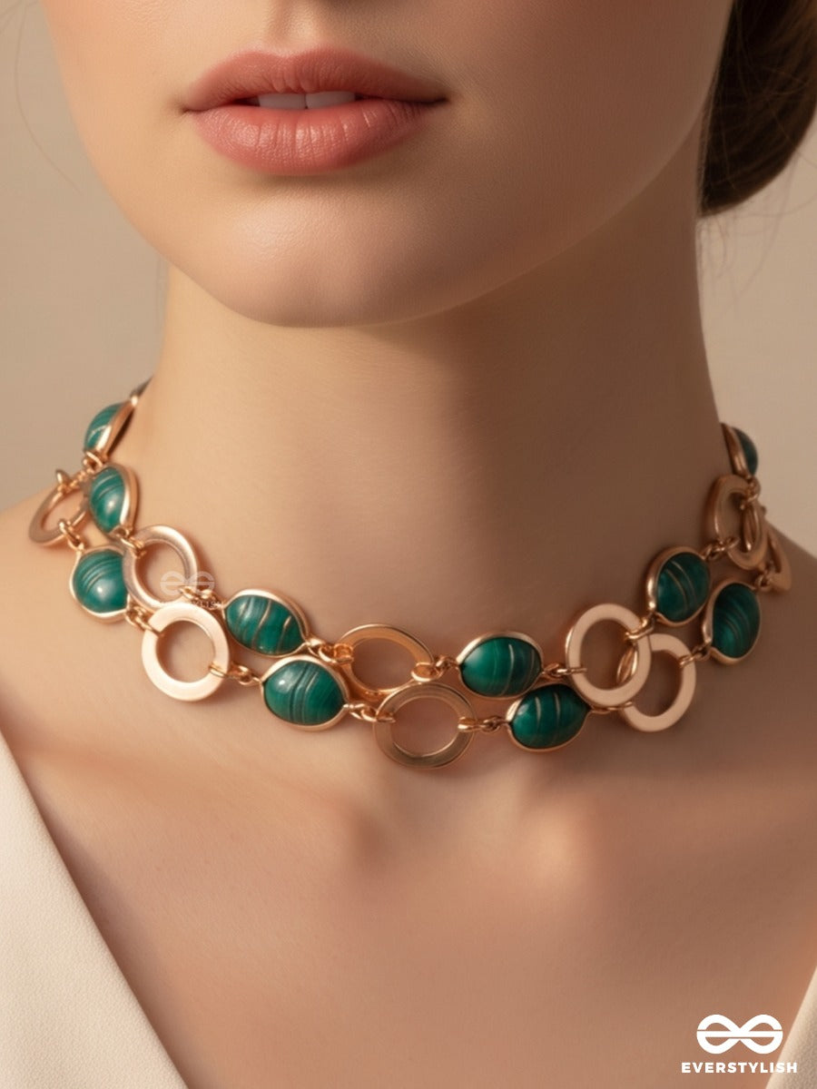Botanica – Multiway Chain With Emerald Green Stone Beads And Gold Ring Accents That Can Be Styled As Necklace; Scarf-Style Necklace; Waist Chain; Knot Necklace