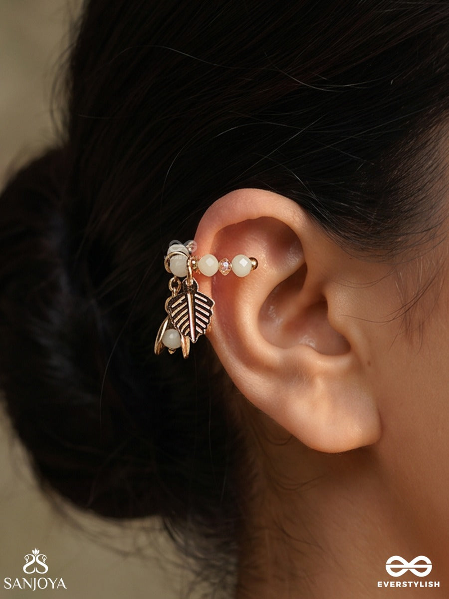 Shankhpatra – Shell And Leaf – Ornate Single Earcuff With Soft Mint Beadwork, Gold-Tone Leaf Charms And Delicate Shell Detail