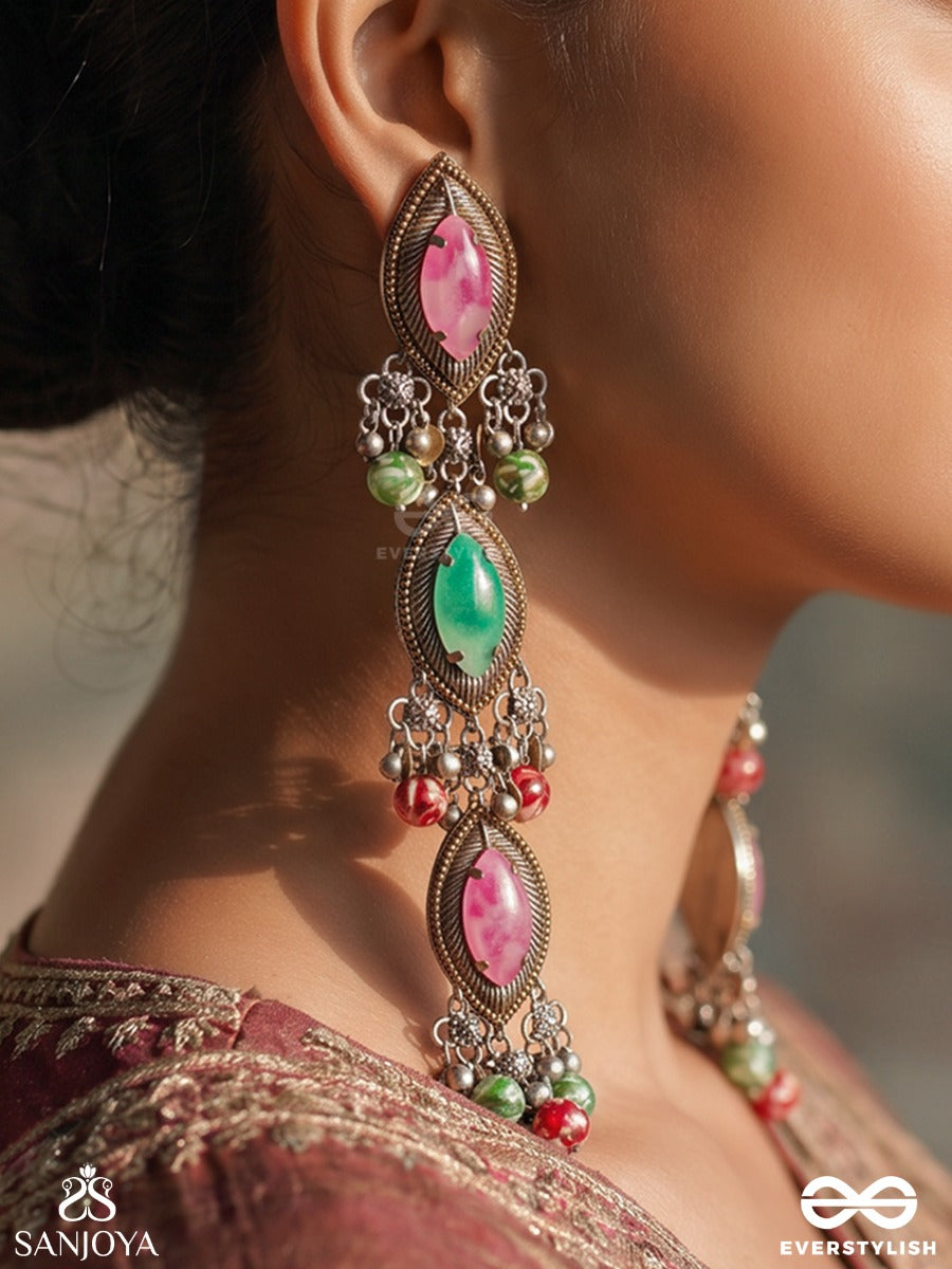 Jashodhara – Holder Of Glory – Heritage Earrings With Pink And Green Marquise Stones, Oxidised Ghungroos And Multicolour Bead Drops