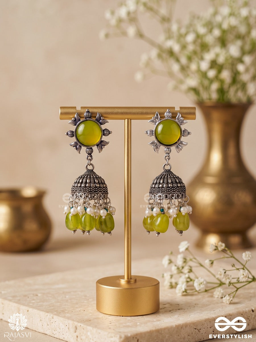 Neelamrita – Oxidised Jhumkas With Lime Green Stone, Pearl Clusters And Lime Green Bead Drops