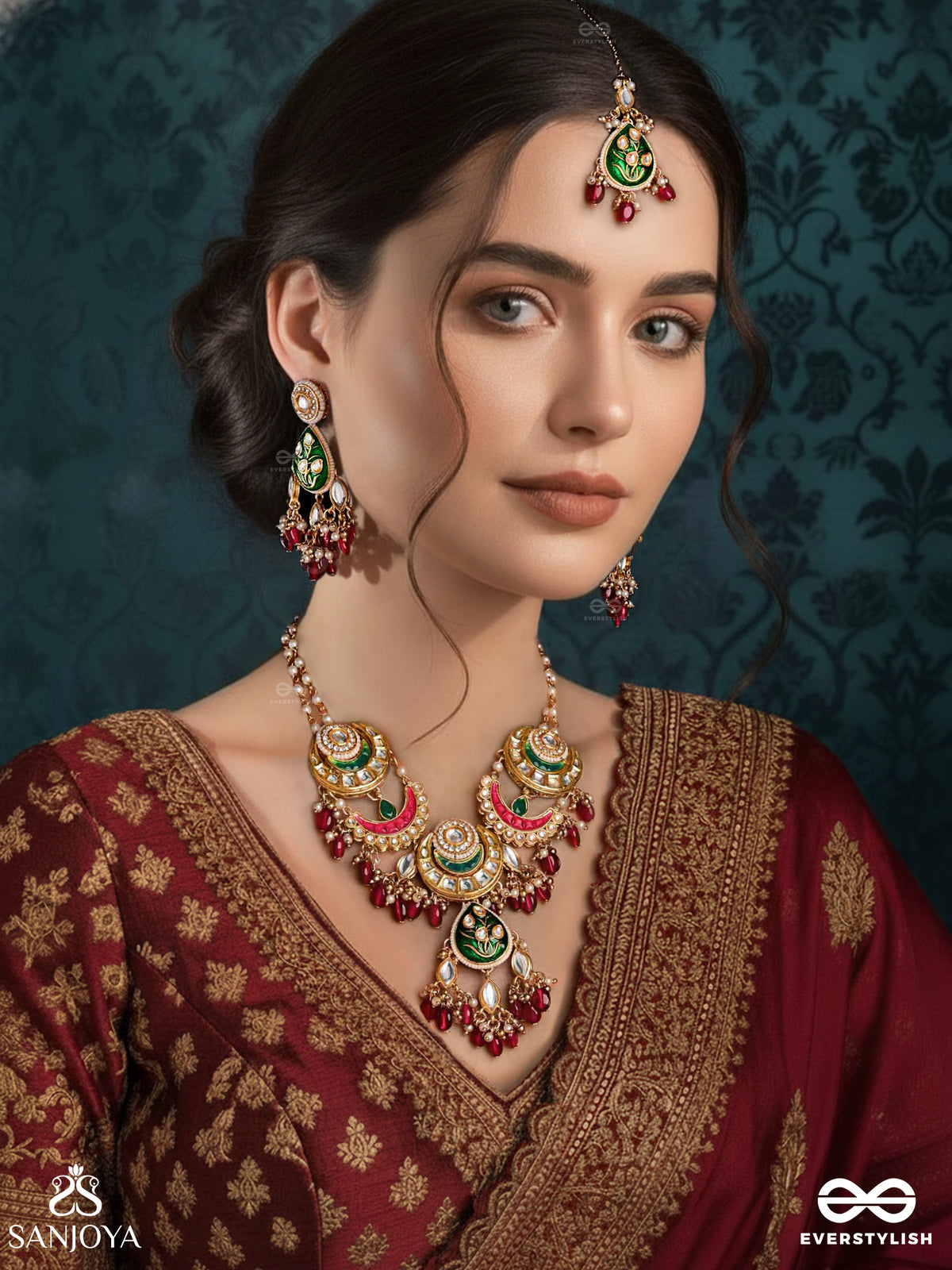 Sindurya - Scarlet Rays - Grand Crescent Kundan Set With Neckpiece, Earrings And Maangtika