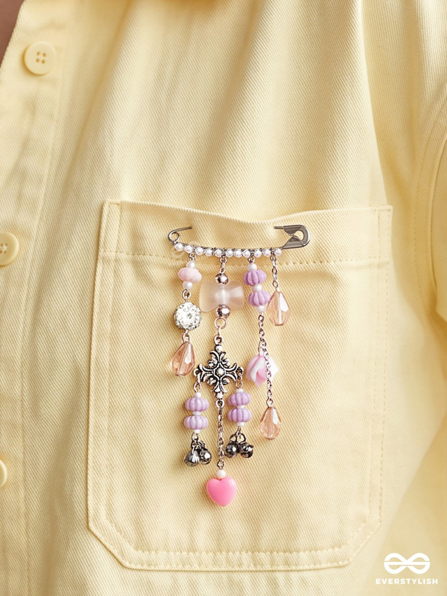 Blush Rosette – Silver-Tone Brooch Pin With Pink Rose Charms And Bead Cascade
