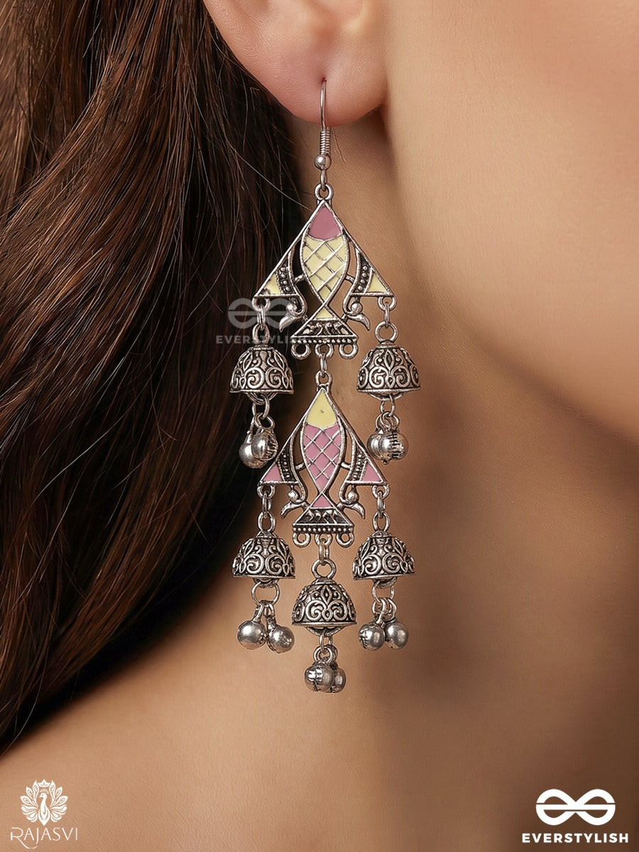 Chitrali – Oxidised Earrings With Pastel Enamel Details, Jhumki Charms And Ghungroo Drops