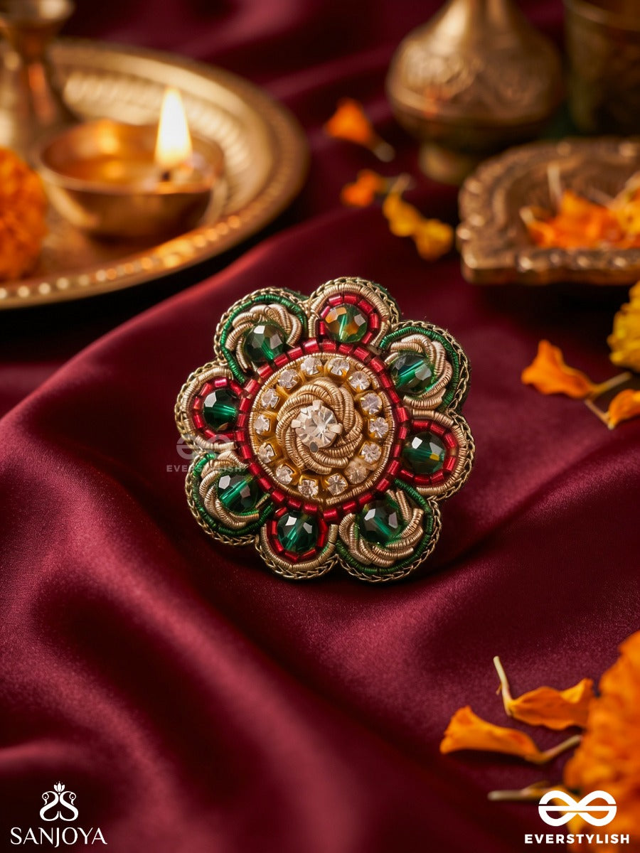 Ruhanshi – Soulful Beauty – Ornate Ring With Kundan Centrepiece And Colourful Floral Accents