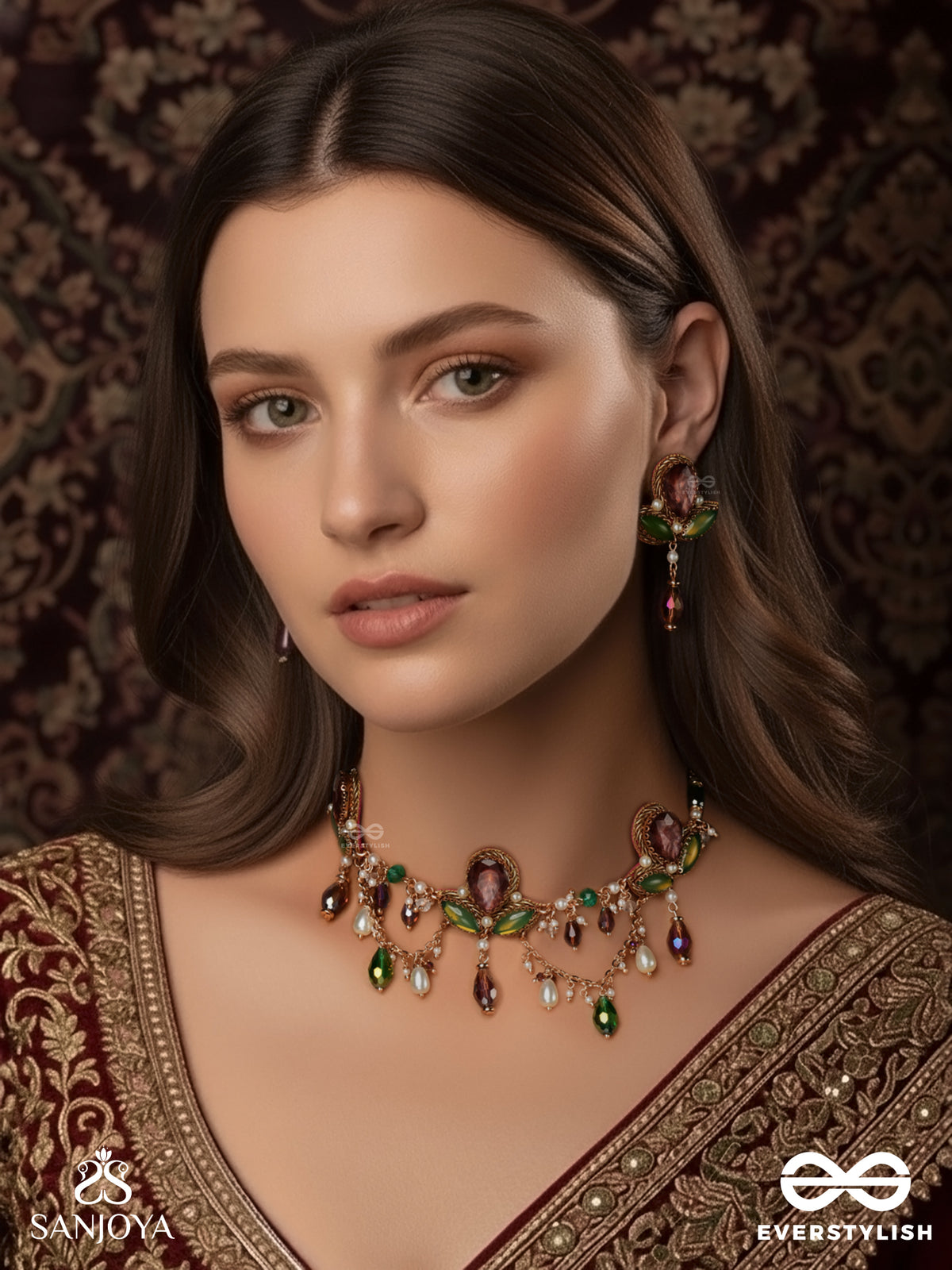 Aabharan - The Royal Ornament - Stones, Beads, Glass And Pearl Drop Hand Embroidered Set With Neckpiece & Earrings With Anti-Tarnish Coating