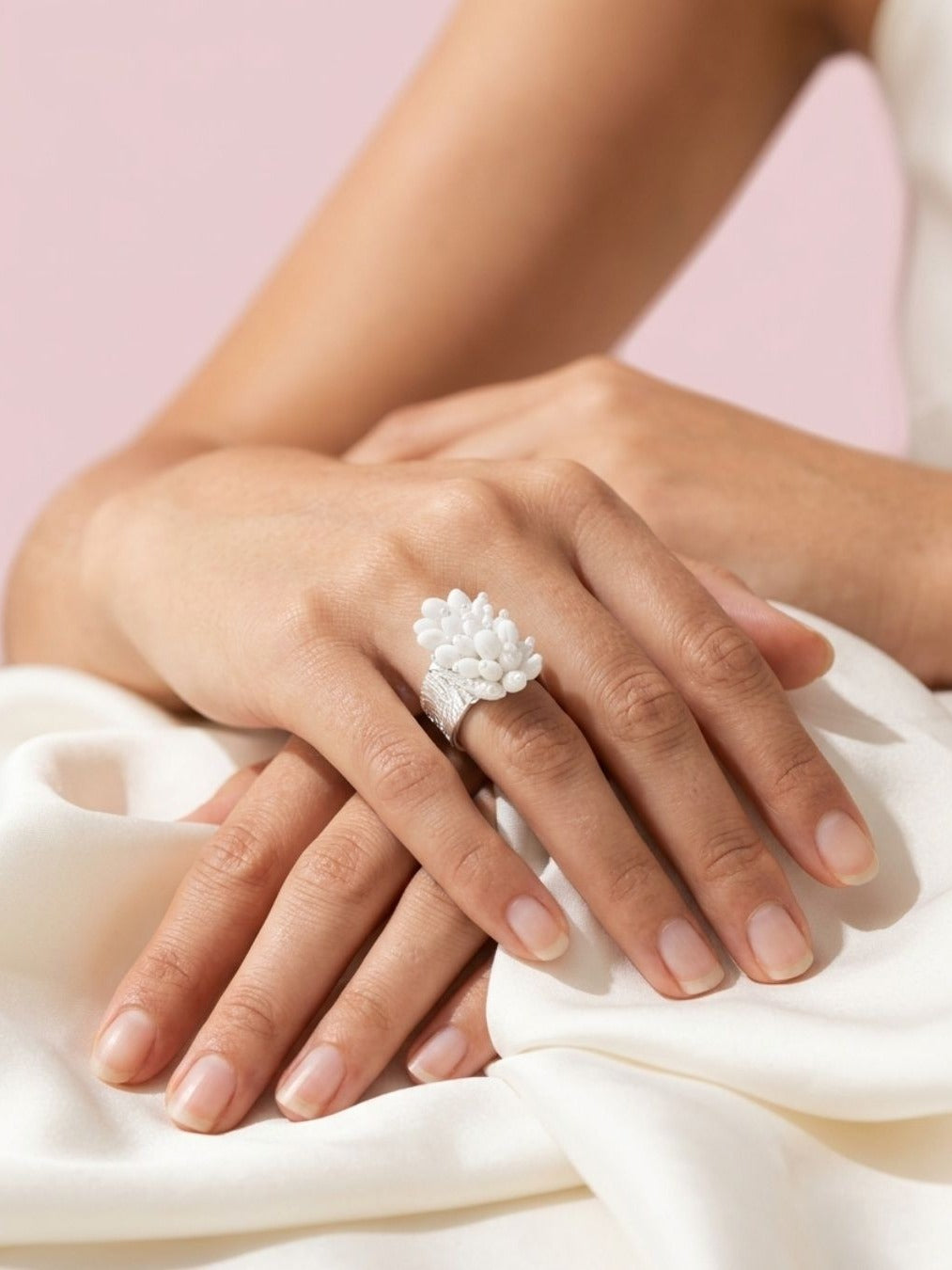 Snow Dahlia - White Beaded Floral Statement Ring