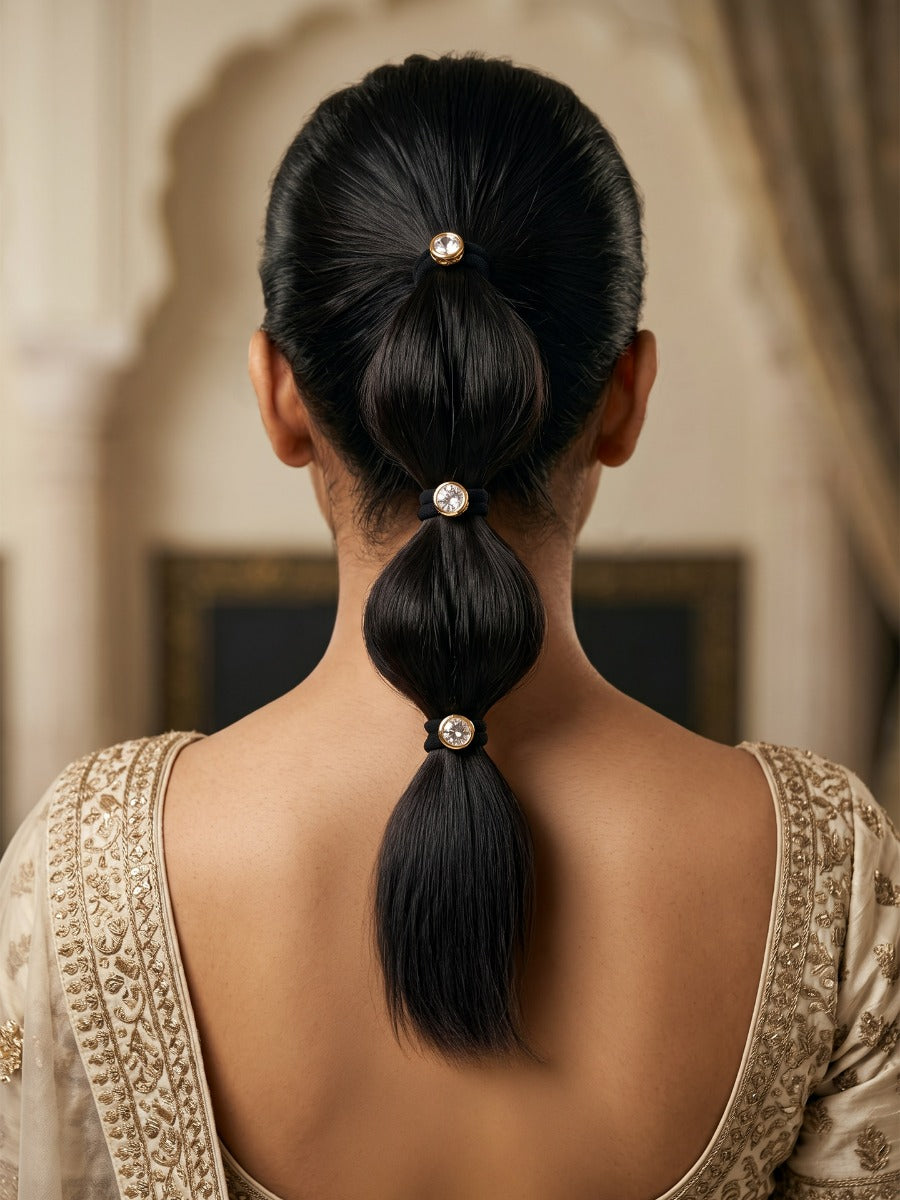 Mishika - Sweet Grace - Pack Of 3 Black Hair Accessories With Round Golden Centrepiece And Clear Crystal Detail