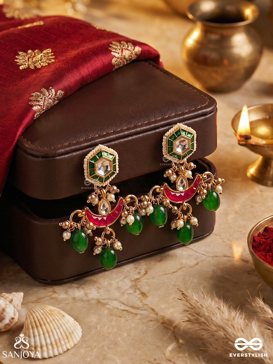 Shashiratna- Jewel Of The Moon- Kundan Earrings Inspired By The Moon's Radiance With Pearls And Green Drops
