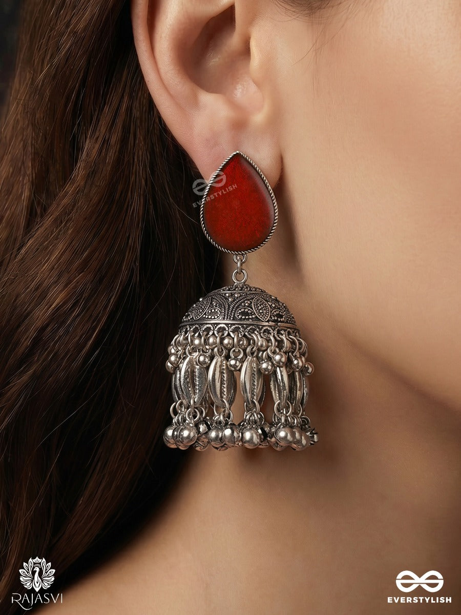 Rajmohini – Oxidised Jhumka Earrings With Ruby Teardrop Studs, Coin Charms And Ghungroo Fringe