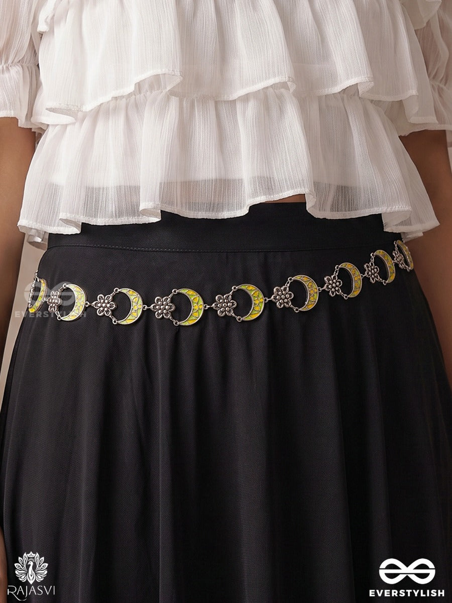 Chandrima – Oxidised Waist Chain With Crescent Motifs And Yellow Accents