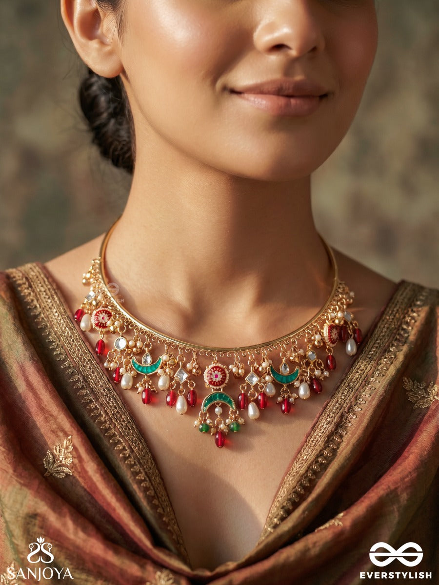 Noyonika – Beautiful Eyes – Heritage Hasli Necklace With Enamel Crescent Charms, Floral Motifs, Pearl Accents And Ruby Drops