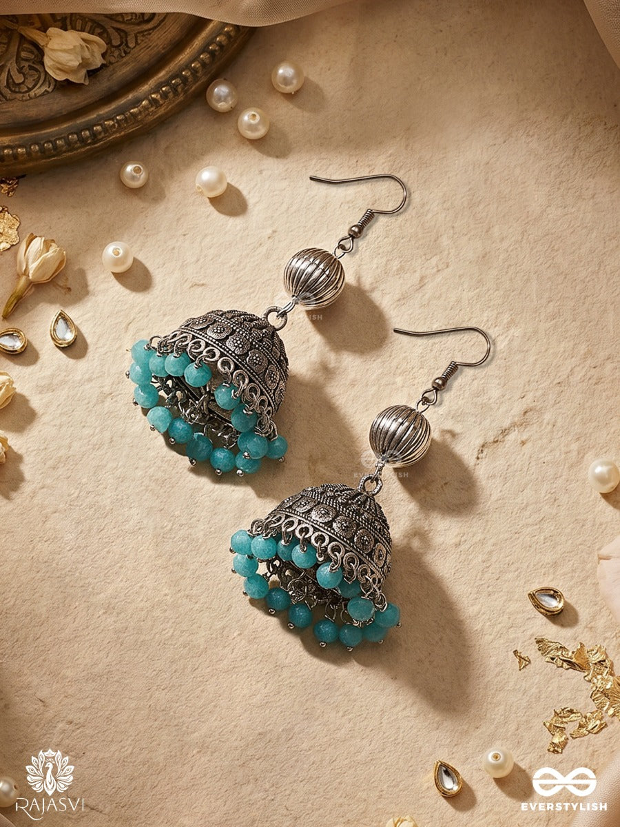 Jaldhwani – Oxidised Jhumka Earrings With Turquoise Bead Fringe And Engraved Dome