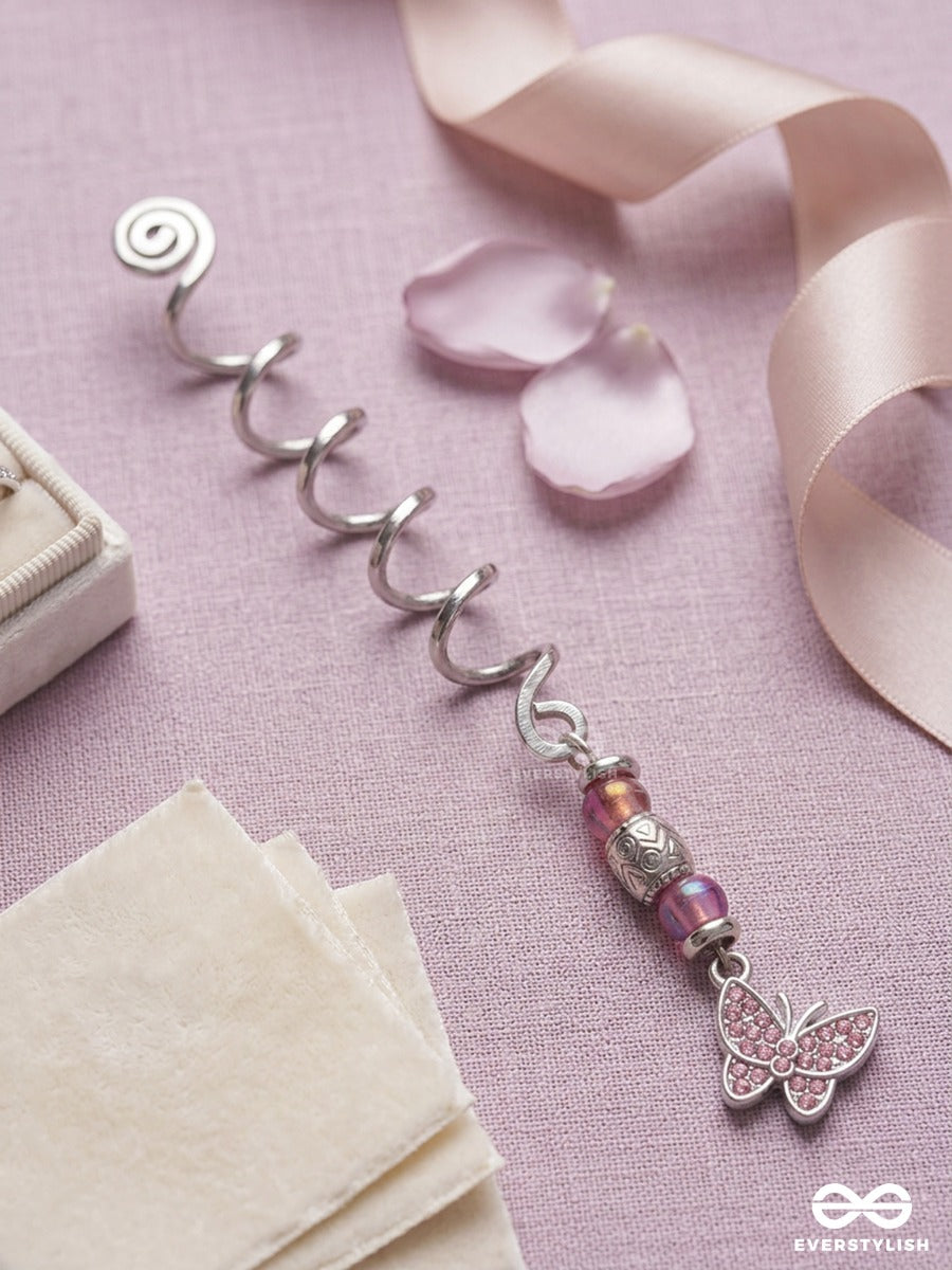 Rosewing – Silver Spiral Braidlet With Pink Beads And Butterfly Charm