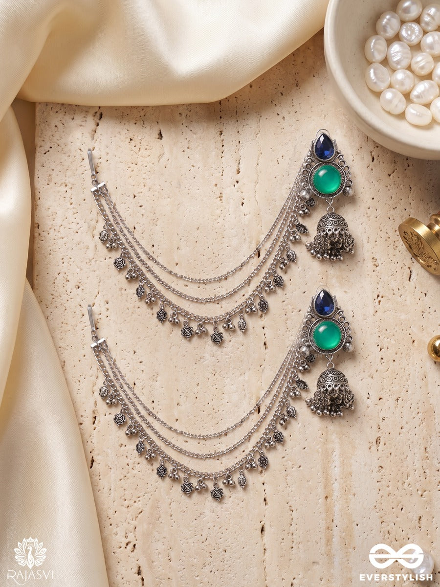 Tarangini – Oxidised Chain Earrings With Layered Chains, Gem Accents And Jhumki Drops
