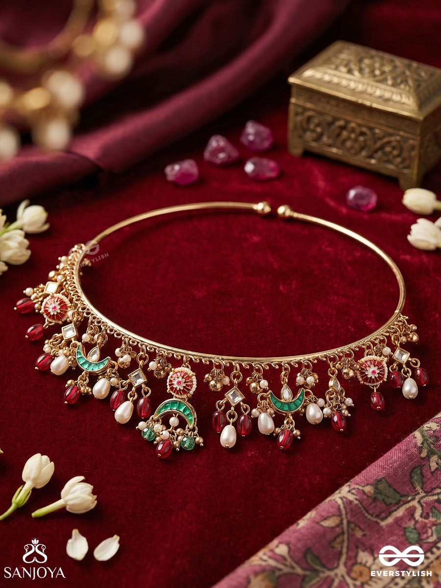 Noyonika – Beautiful Eyes – Heritage Hasli Necklace With Enamel Crescent Charms, Floral Motifs, Pearl Accents And Ruby Drops